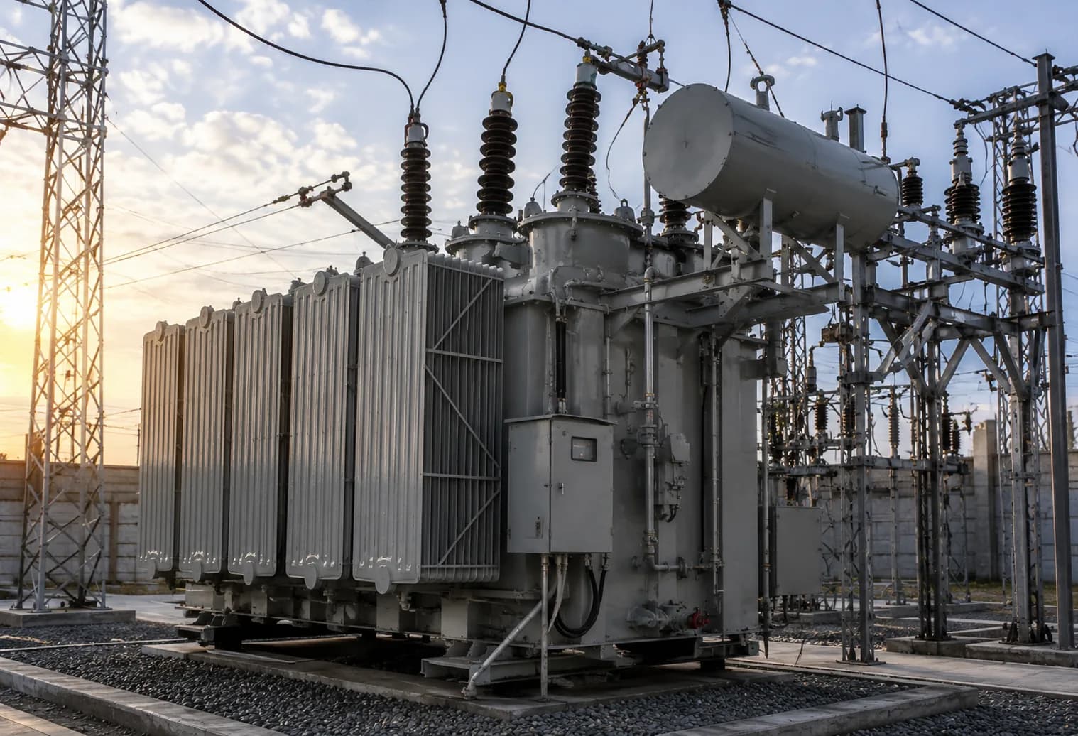 Oil-immersed power transformer installed at an outdoor substation